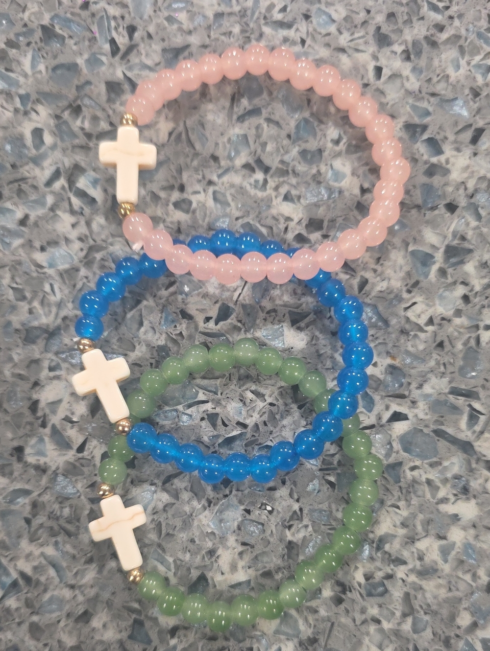 Beaded Cross Stretch Bracelet Set - Pink, Blue & Green